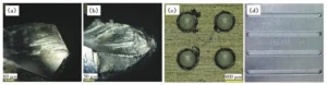 Fig.1 Problems in aluminum alloy processing (a) adhesion of aluminum chips at cutting edge; (b) broken tool; (c) burrs on hole; (d) burrs on slot edge