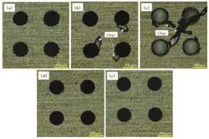 Fig.11 Morphology of hole along drilling direction after drilling 10 000 holes on aluminum alloy plate by micro drill bits with different coatings