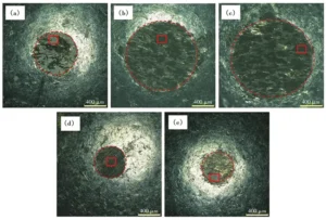 Fig.5 Morphology of wear scars on surface of aluminum alloy ball with different coating after grinding